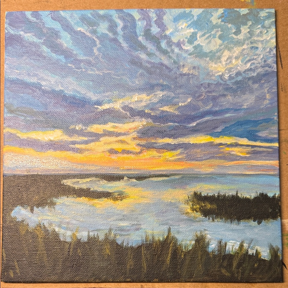 Original Acrylic Serene Sunset Canvas Panel Painting 8x8 inches, unframed.